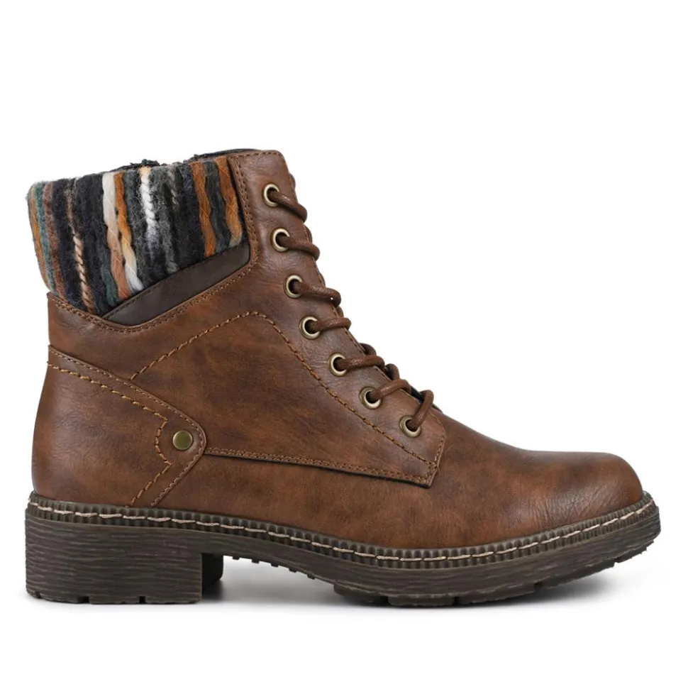 Knitted Cuff Lace-Up Boots - Brown