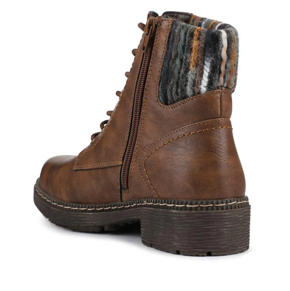 Knitted Cuff Lace-Up Boots - Brown