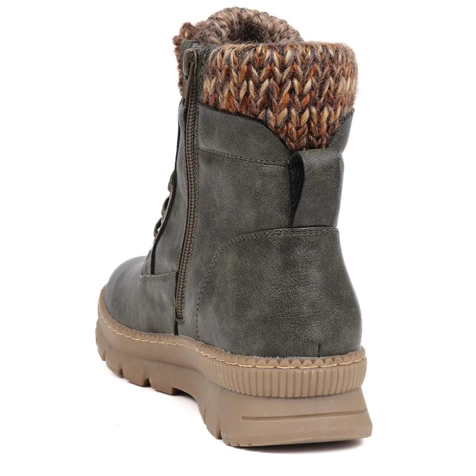 Knitted Cuff Lace-Up Boots - Olive