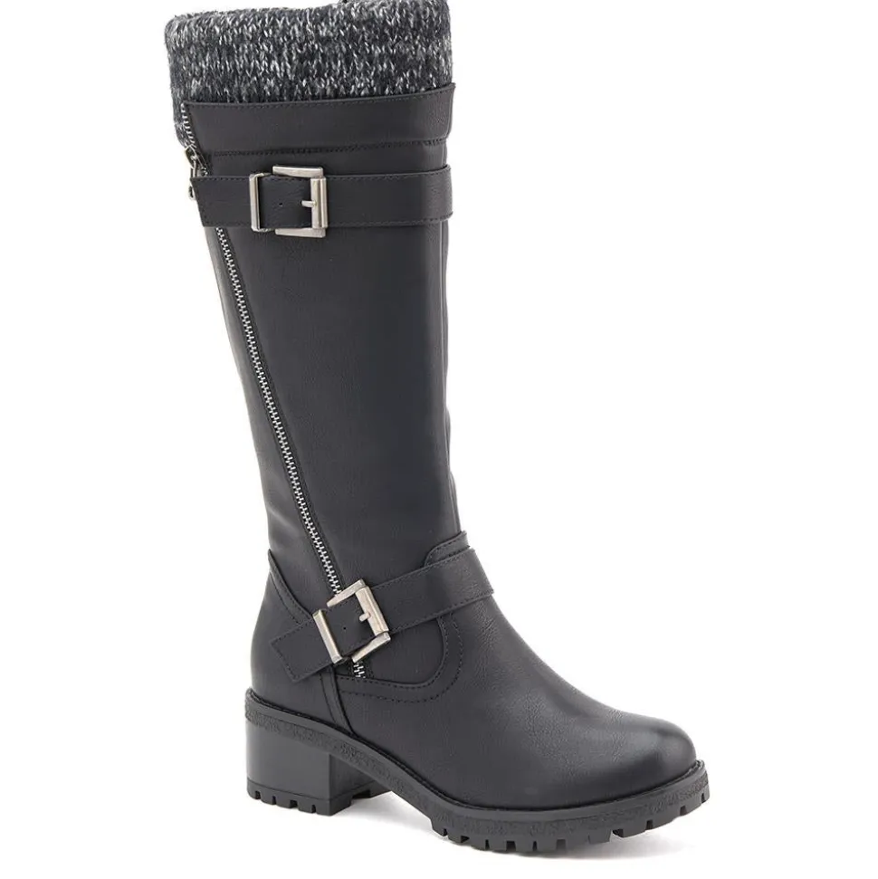Knitted Cuff Long Boots - Black