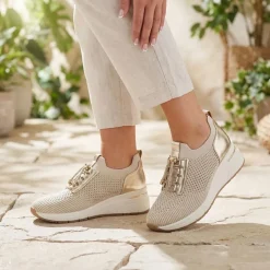 Knitted Slip On Wedge Trainers - Gold