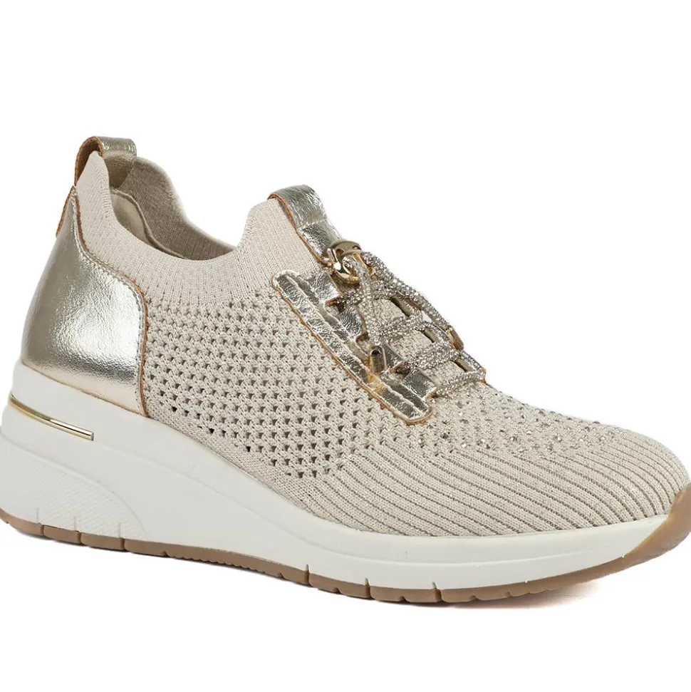 Knitted Slip On Wedge Trainers - Gold