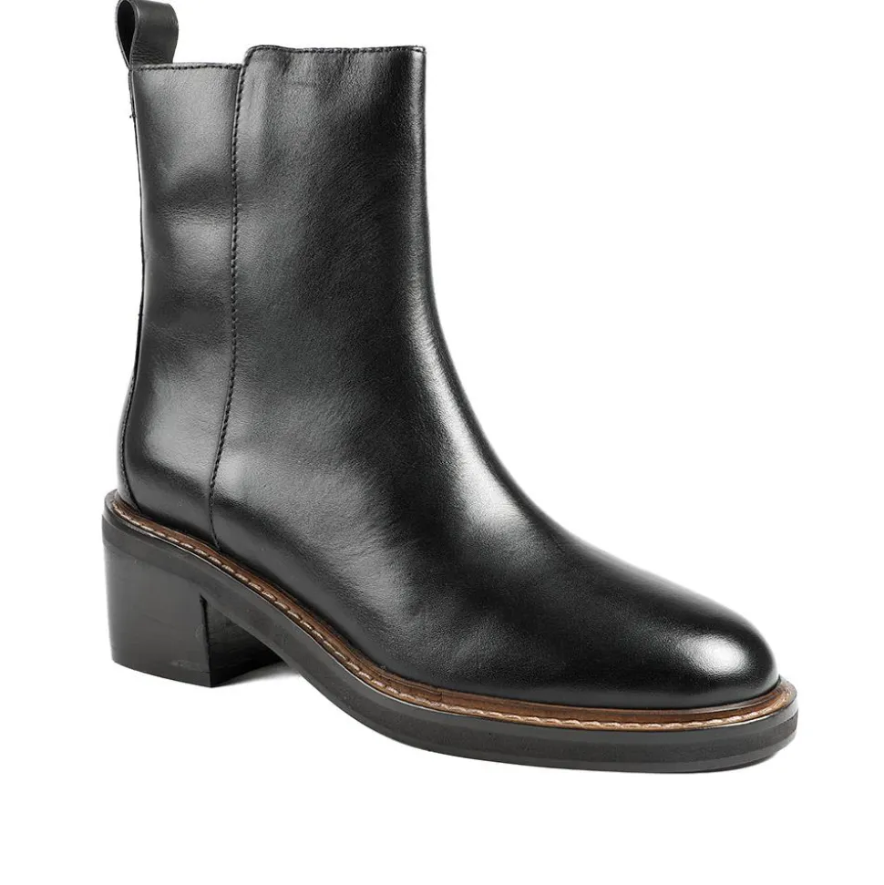 Krystel Leather Block Heel Ankle Boots - Black Leather