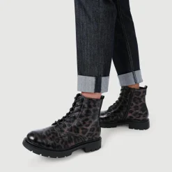 Lace-Up Block-Heeled Boots - Brown Leopard