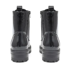Lace-Up Chunky Ankle Boots - Black Patent