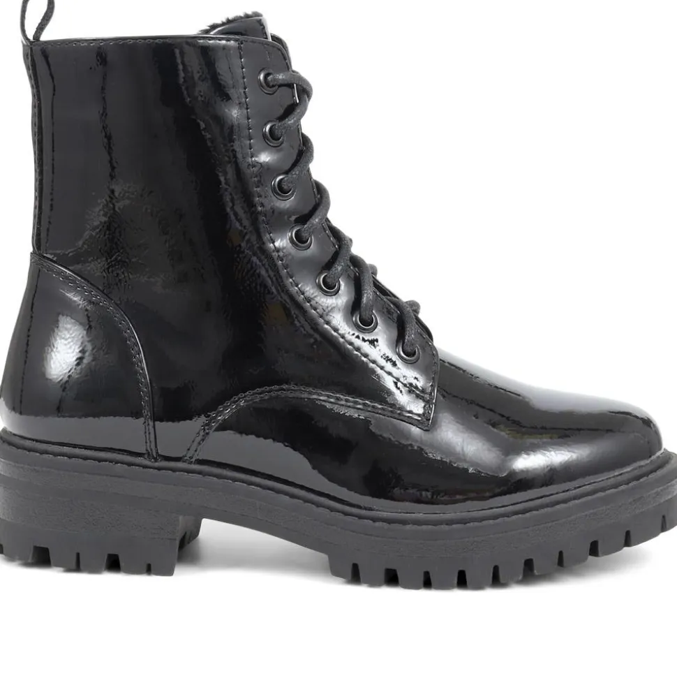 Lace-Up Chunky Ankle Boots - Black Patent
