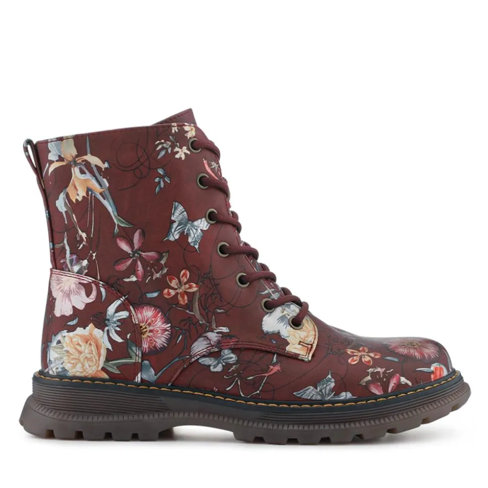Lace-Up Floral Boots - Burgundy Floral