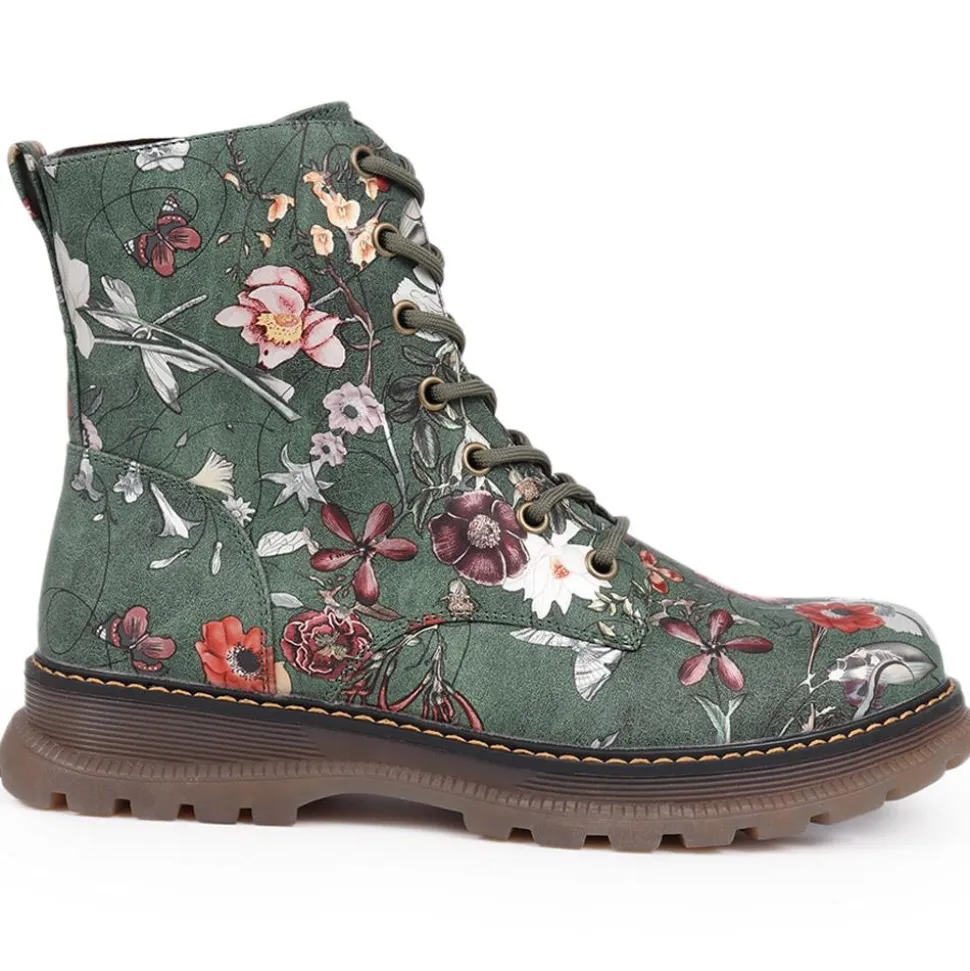 Lace-Up Floral Boots - Green Floral