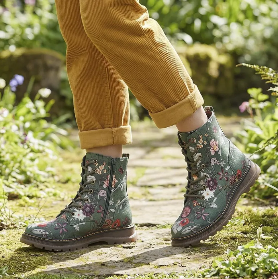 Lace-Up Floral Boots - Green Floral