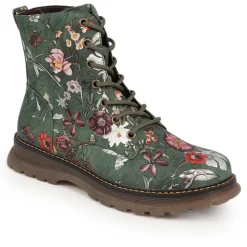 Lace-Up Floral Boots - Green Floral