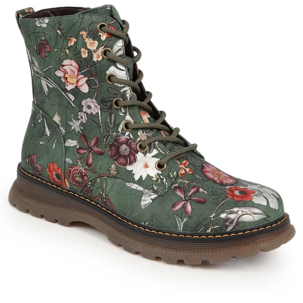 Lace-Up Floral Boots - Green Floral