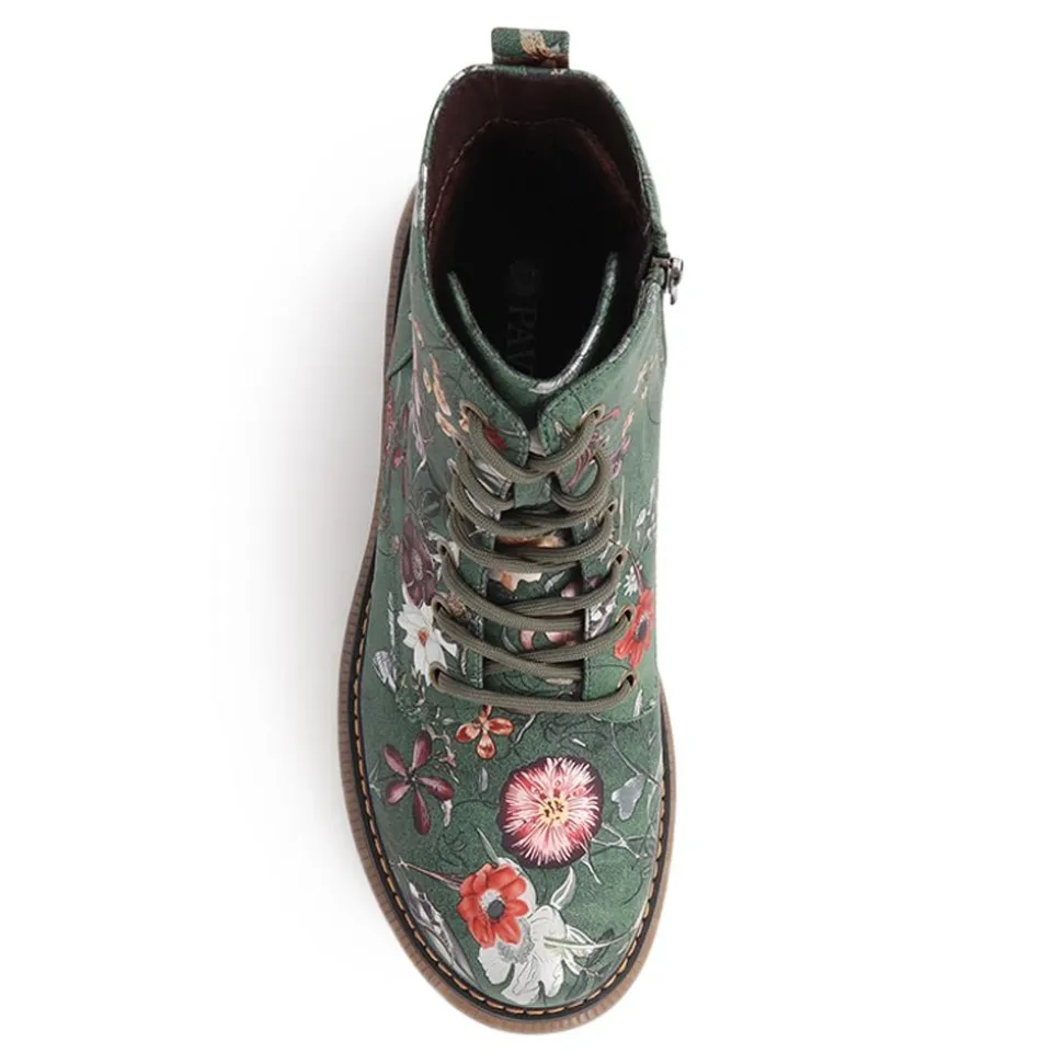 Lace-Up Floral Boots - Green Floral