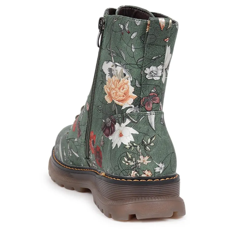 Lace-Up Floral Boots - Green Floral