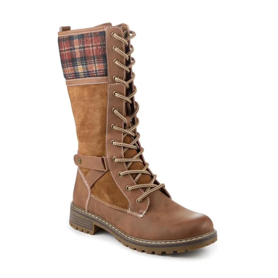 Lace Up Long Boots With Tartan Cuff - Tan