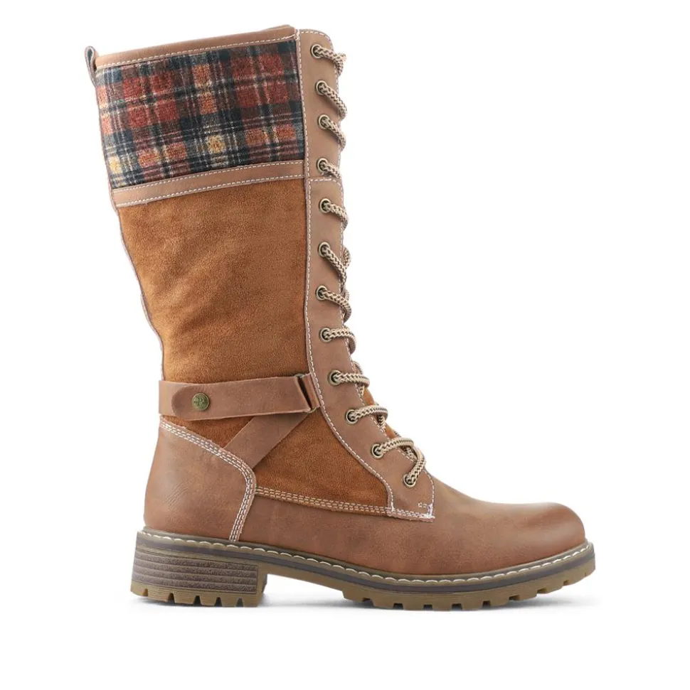 Lace Up Long Boots With Tartan Cuff - Tan