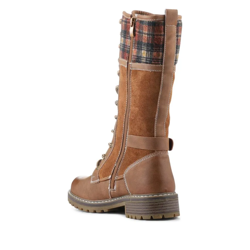 Lace Up Long Boots With Tartan Cuff - Tan