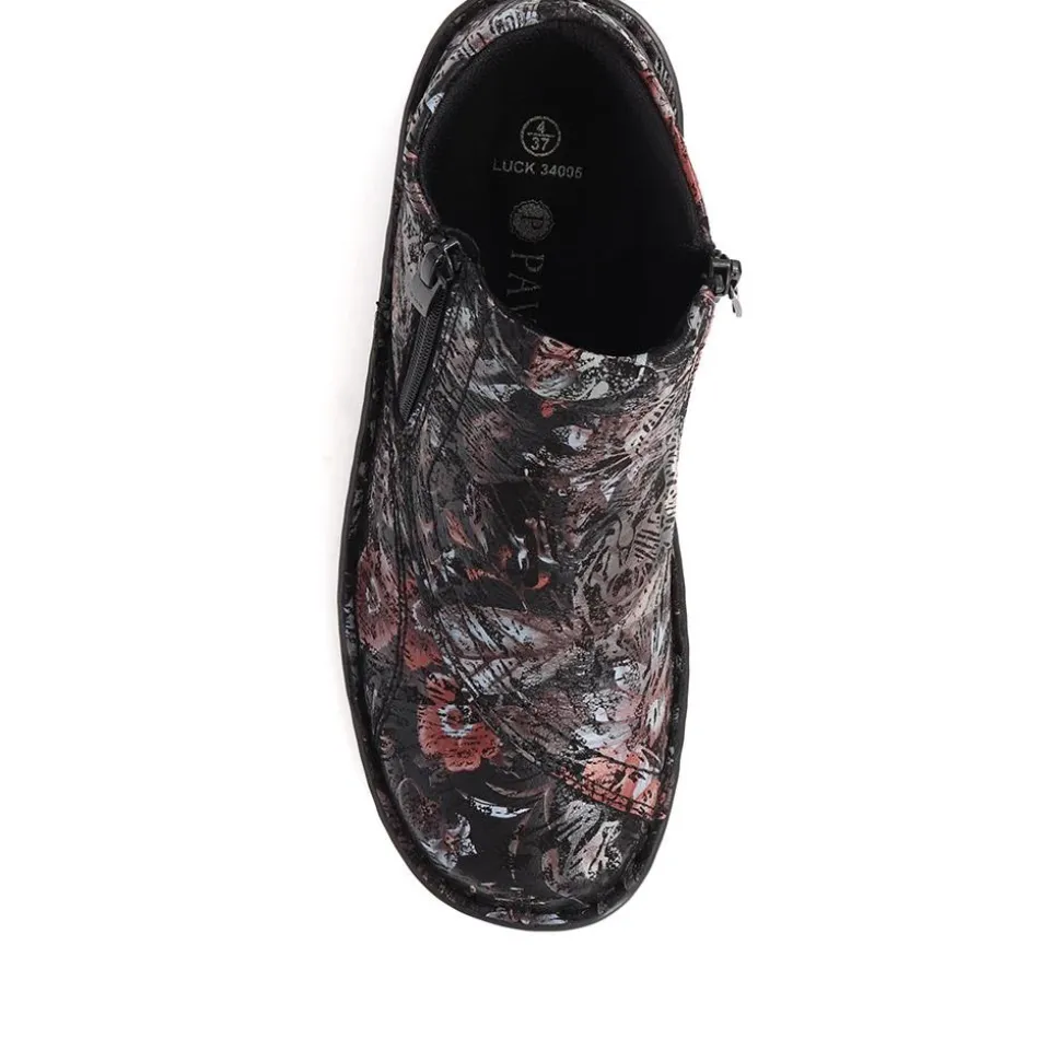 Leather Ankle Boots - Black Floral
