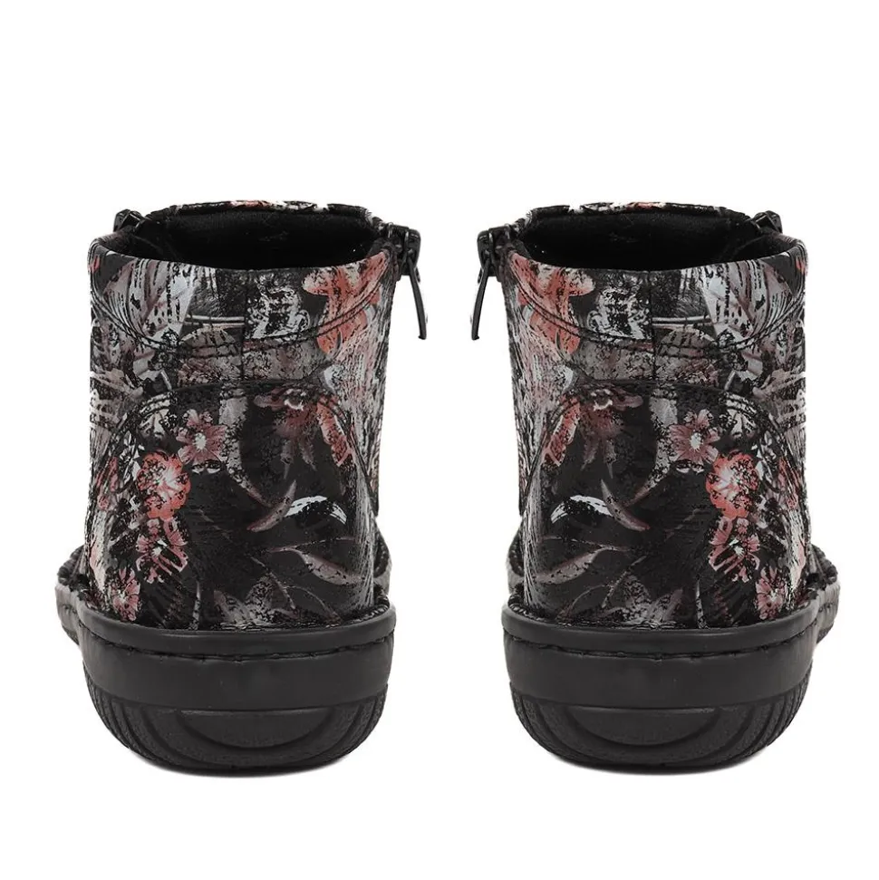 Leather Ankle Boots - Black Floral