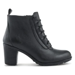 Leather Block Heeled Lace-Up Boots - Black