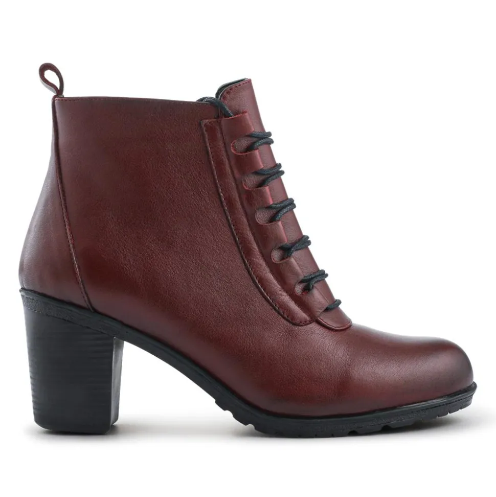 Leather Block Heeled Lace-Up Boots - Burgundy