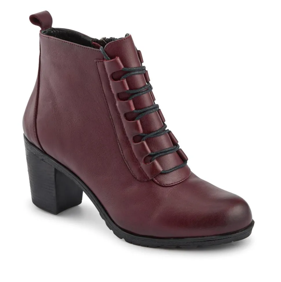 Leather Block Heeled Lace-Up Boots - Burgundy