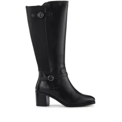 Leather Block-Heeled Long Boots - Black