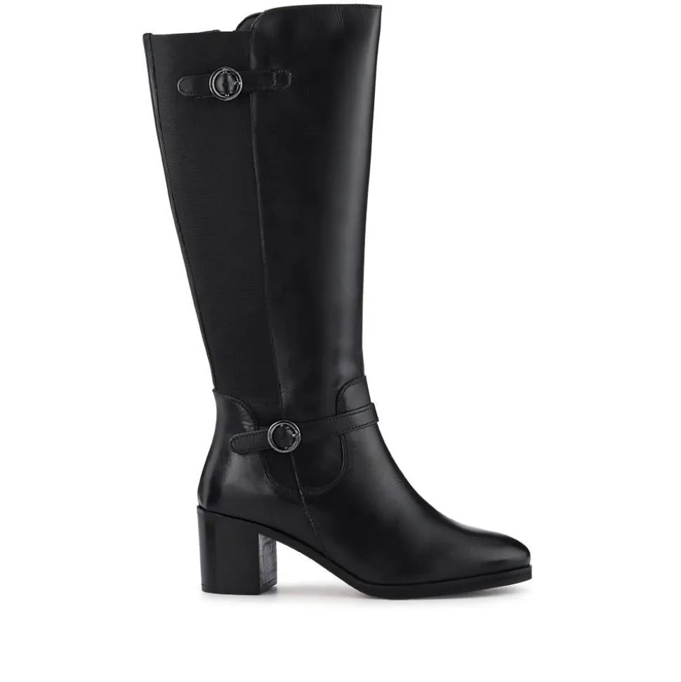 Leather Block-Heeled Long Boots - Black