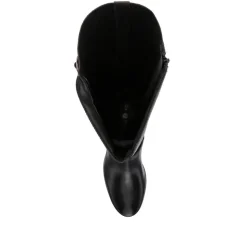 Leather Block-Heeled Long Boots - Black