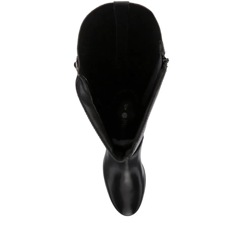 Leather Block-Heeled Long Boots - Black