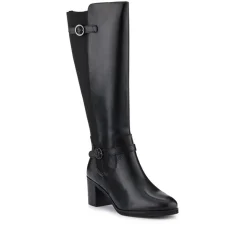 Leather Block-Heeled Long Boots - Black
