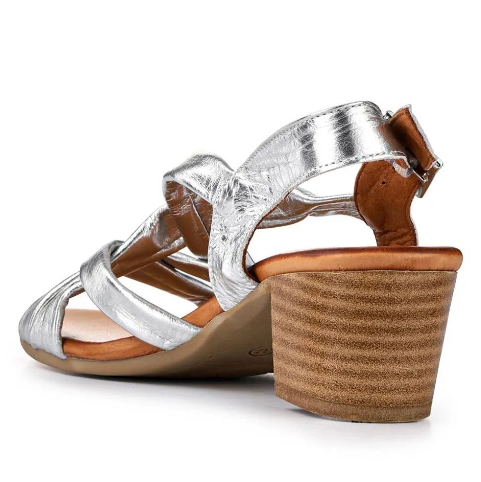 Leather Block-Heeled Sandals - Silver