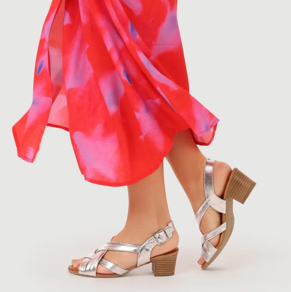 Leather Block-Heeled Sandals - Silver