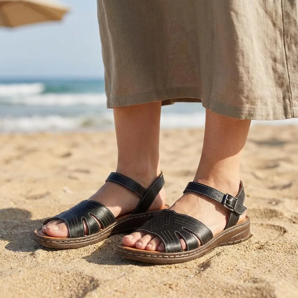 Leather Buckle Fasten Casual Sandals - Black