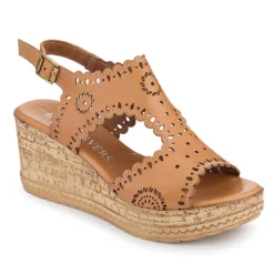 Leather Buckle-Fastening Wedge Sandals - Tan