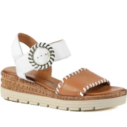 Leather Buckle Fasten Wedge Sandals - White-Tan