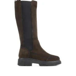 Leather Chunky Knee-High Boots - Khaki