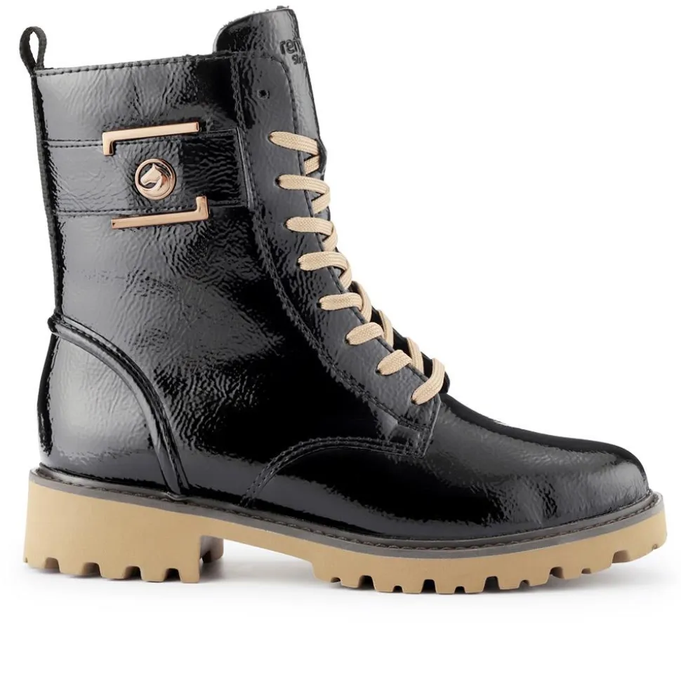 Leather Chunky-Laced Ankle Boots - Black Patent