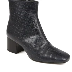 Leather Croc Heeled Ankle Boots - Navy Croc