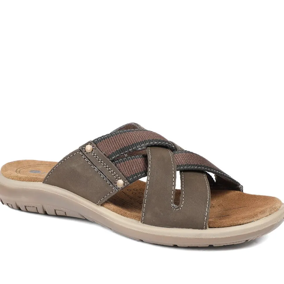 Leather Cross Strap Slip On Sandals - Brown