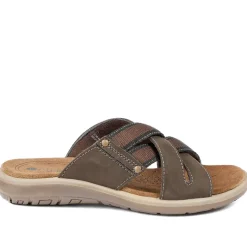 Leather Cross Strap Slip On Sandals - Brown