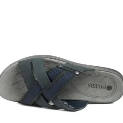 Leather Cross Strap Slip On Sandals - Navy