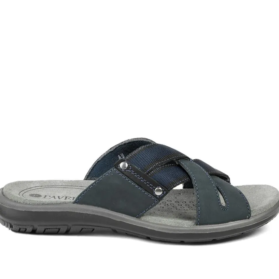 Leather Cross Strap Slip On Sandals - Navy