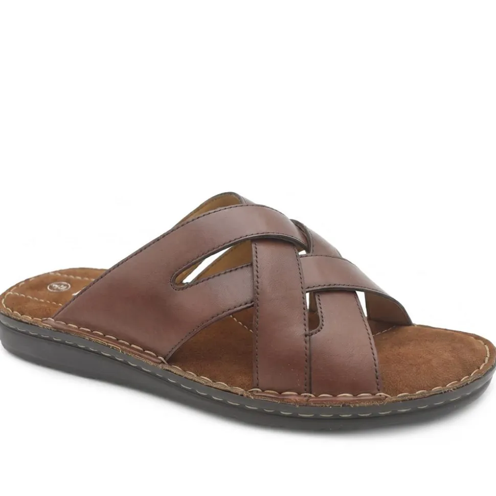 Leather Cushioned Slip On Sandals - Brown