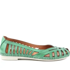 Leather Cut Out Peep Toe Flats - Green