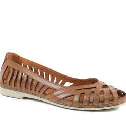 Leather Cut Out Peep Toe Flats - Tan