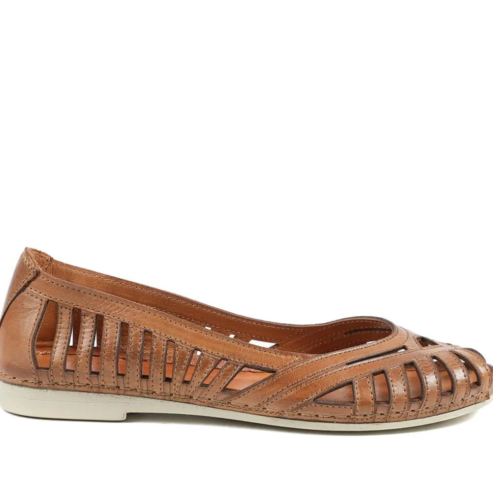 Leather Cut Out Peep Toe Flats - Tan