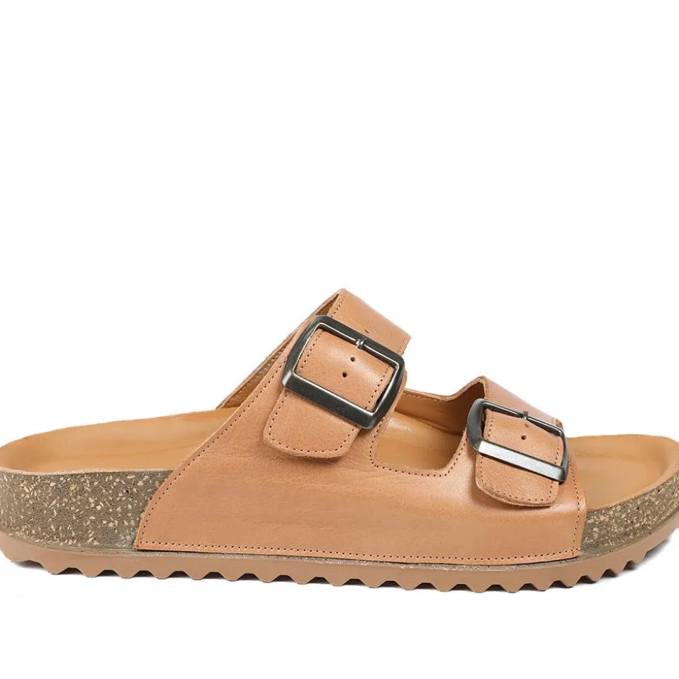 Leather Dual Buckle Fastening Sandals - Tan Leather