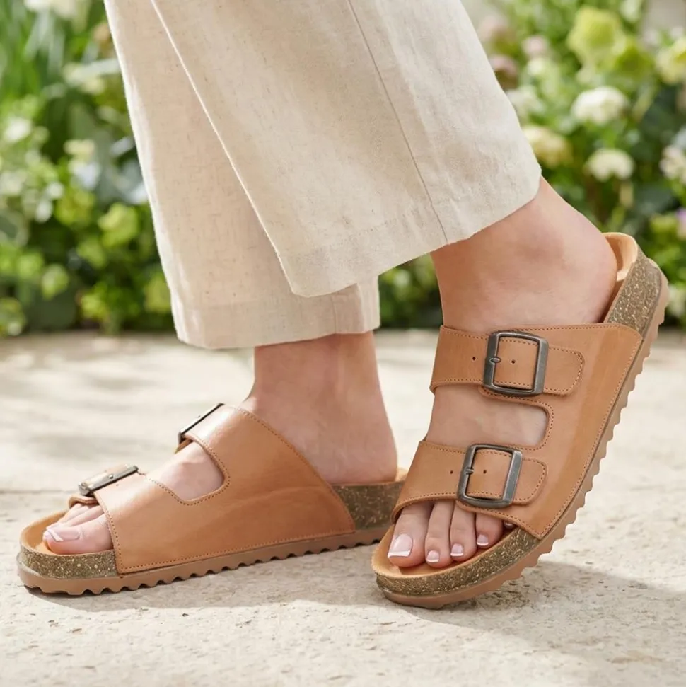 Leather Dual Buckle Fastening Sandals - Tan Leather