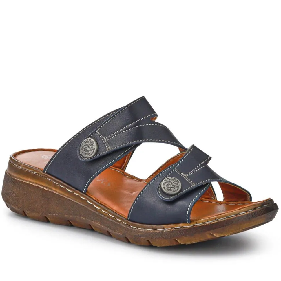 Leather Dual-Fastening Sandals - Navy