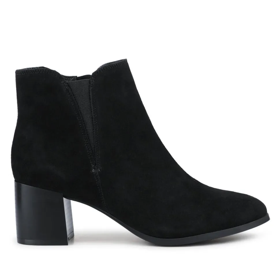 Leather Elasticated Heeled Ankle Boots - Black Suede